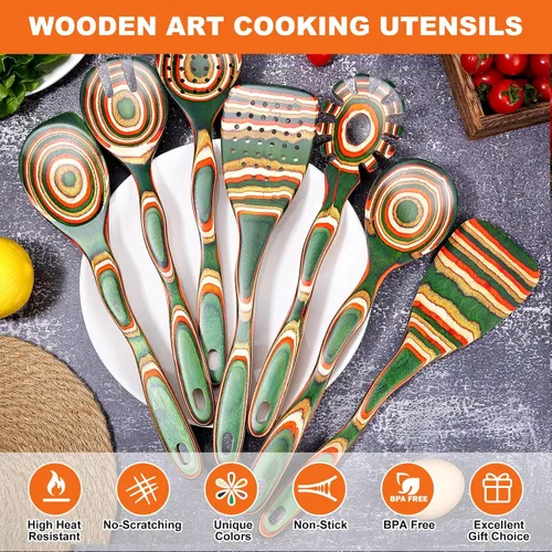 Miniatura 5 de Juego de 7 utensilios de cocina de madera de Pakkawood para cocinar, cucharas de madera para cocinar, seguro, ecológico, antiadherente, utensilios