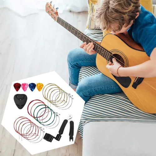 Miniatura 7 de Paquete de 3 cuerdas de guitarra acústica (oro, latón, multicolor) con púas de guitarra de celuloide, kit de bobinadora de cuerdas