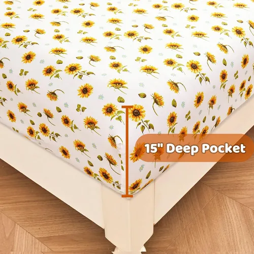 Miniatura 4 de Softan Juego de sábanas tamaño matrimonial, con estampado de girasol, sábana bajera ajustable de microfibra cepillada con bolsillo profundo de 15
