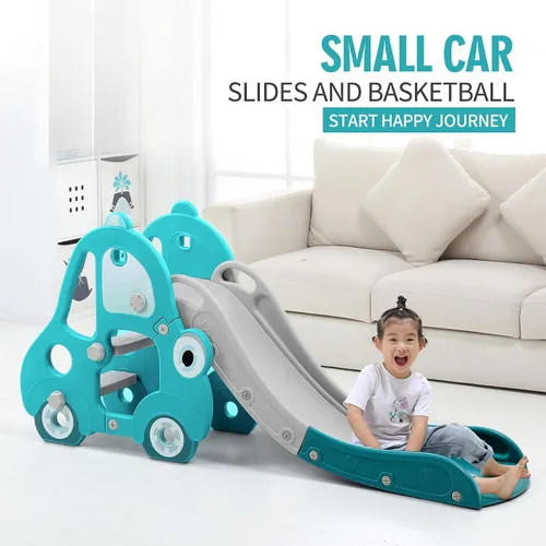 Miniatura 2 de UNICOO Juego de toboganes para niños pequeños con pendiente deslizante extralarga, aro de baloncesto y pelota (tobogán para automóvil - Verde menta)