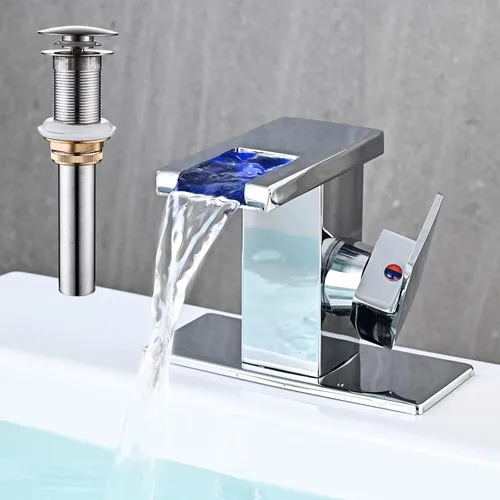 AVSIILE Grifo LED para Lavabo de Baño, Cromado Cascada Mango de Un Solo Orificio Grifos de Tocador para Lavabos 1 Orificio con Desagüe Emergente de