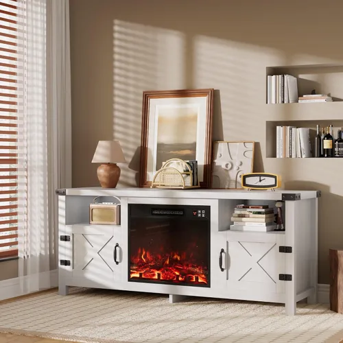 Miniatura 4 de Furmax - Soporte de TV con chimenea para televisor de 65 pulgadas, centro de entretenimiento con gabinetes de almacenamiento y 2 estantes abiertos