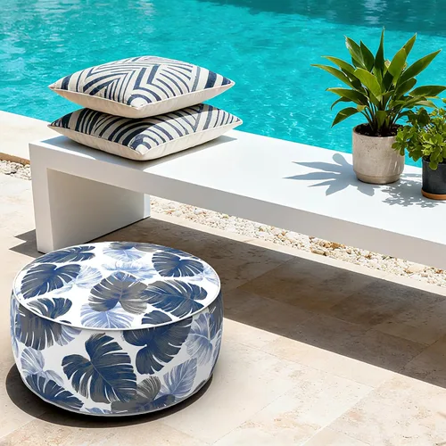 Miniatura 6 de LVTXIII Otomana inflable para interiores y exteriores, reposapiés redondo, 21 pulgadas de diámetro x 9 pulgadas de alto, todo clima, portátil, Hojas