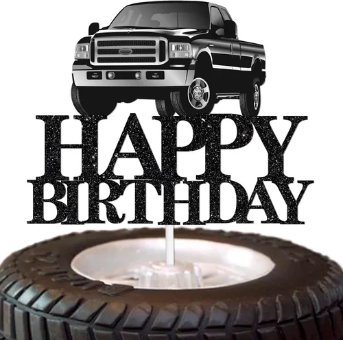 Decoración de pastel de camioneta con temática de feliz cumpleaños, púas de decoración de purpurina negra para adultos, suministros de decoración de