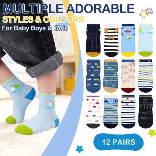 Miniatura 5 de GRPSKCOS Calcetines antideslizantes para niños pequeños, 12 pares de calcetines antideslizantes para niños y niñas de 1 a 7 años