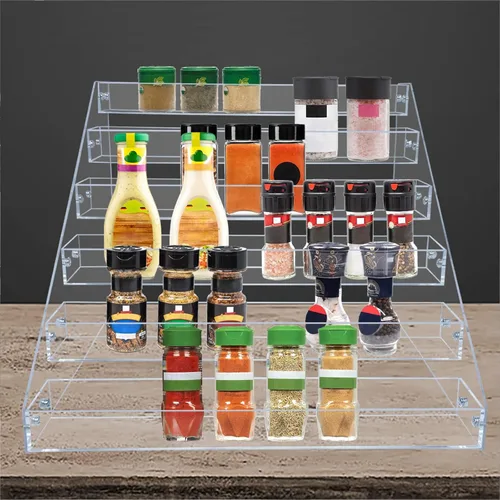 Miniatura 4 de PMMASTO Estante de especias escalonado, organizador de condimentos, estantes verticales de acrílico transparente organizador de latas para encimera