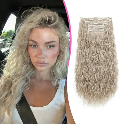 Miniatura 9 de Extensiones de cabello con clip de 20 pulgadas, 4 piezas, color sirena ondulado, rizado, grueso, invisible, trama de encaje color castaño ceniza