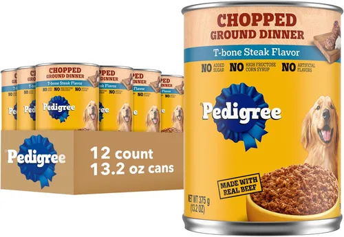 Pedigree Picado molido comida húmeda suave para perros adultos con cena de carne T-Bone, comida enlatada para perros, latas de 13.2 onzas, 12