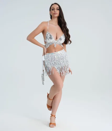 Miniatura 3 de ASAHEL Falda de lentejuelas Mardi Gras disfraz para mujeres y niñas, disfraz de vaquera espacial para rave, brillante danza del vientre