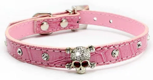 Miniatura 4 de Serijoars Collar de piel con diamantes de imitación de cráneo y diamantes de imitación de piel para mascotas pequeñas para perros y gatos (XS, negro)