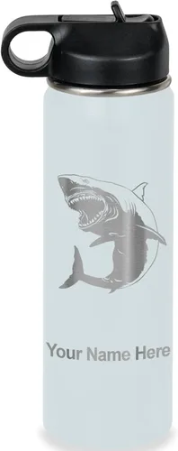Miniatura 40 de LaserGram Botella de agua personalizada, gran tiburón blanco, acero inoxidable de doble pared aislada al vacío con popote superior, regalo grabado