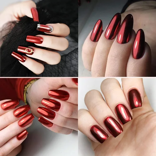 Miniatura 4 de 2 cajas de polvo de uñas cromado rojo efecto espejo metálico holográfico polvo pigmento reflectante polvo para decoración de manicura