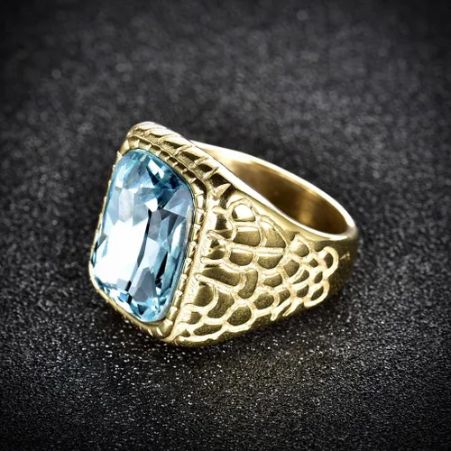 Miniatura 2 de Anillo grabado de acero inoxidable, color dorado, zirconia cúbica, aguamarina, azul sintético, de lujo, para hombre, de MASOP