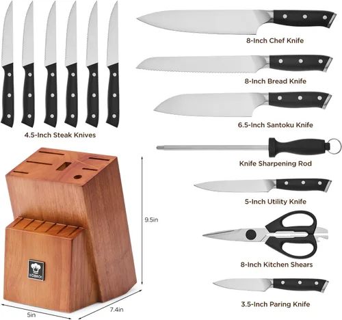 Miniatura 3 de Juego de 14 piezas de cuchillos con bloque de madera de roble, juego de cuchillos de cocina de acero inoxidable de alto carbono con cuchillo