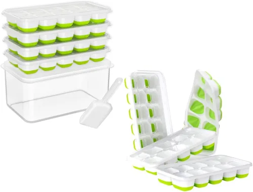 DOQAUS Bandeja para cubitos de hielo con tapa y contenedor, paquete de 8 bandejas de silicona para cubitos de hielo de plástico para congelador con