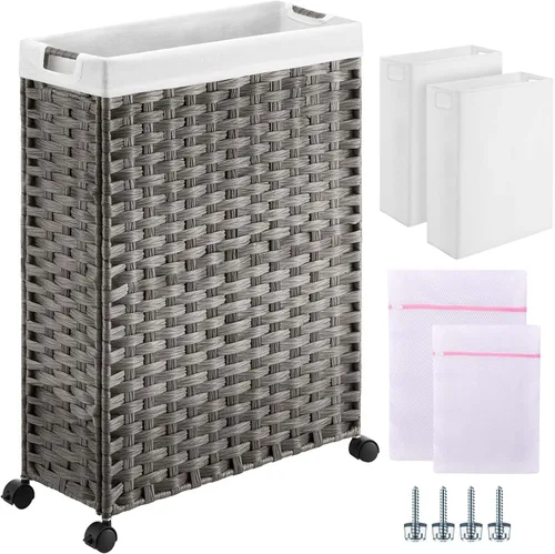 Miniatura 16 de GREENSTELL - Cesta de ropa con ruedas, 45 L (11.9 galones) Cesta pequeña de ropa con 2 bolsas extraíbles y 2 bolsas de malla, cesto de ratán delgado