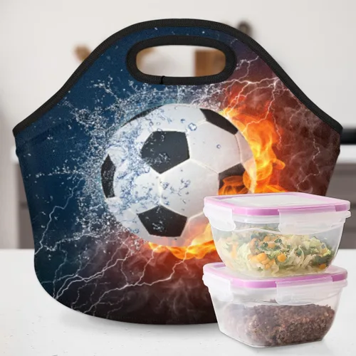 Miniatura 6 de Bolsas de almuerzo de neopreno con balón de fútbol en fuego de hielo para mujeres, bolsas de almuerzo, lavables, aisladas, para el trabajo, picnic