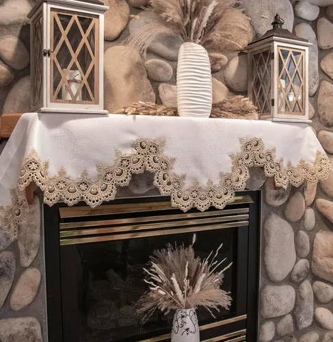 Miniatura 4 de Linens, Art and Things Bufanda de chimenea con estampado de pavo real europeo dorado beige sobre jacquard marfil (19Wx90L)