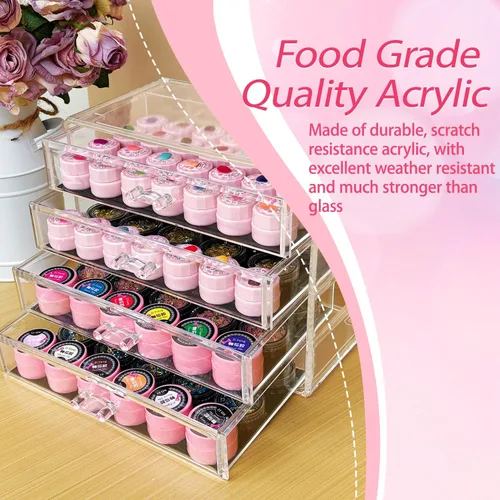 Miniatura 6 de Caja de almacenamiento de 4 niveles para decoración de arte de uñas, organizador acrílico para maquillaje y joyería con cajones, almacenamiento
