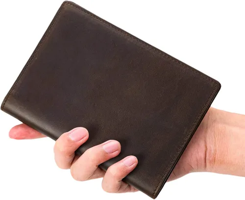 Miniatura 6 de Polare - Cartera plegable de cuero de grano completo para pasaporte con bloqueo RFID, 2 pasaportes, Marrón oscuro, Slim
