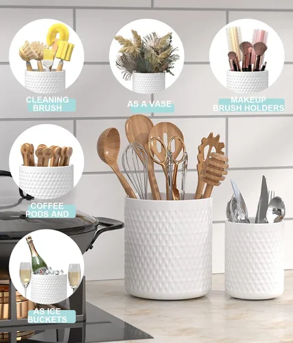 Miniatura 5 de Paquete de 2 organizadores de cerámica para utensilios, soporte grande para espátula, decoración de cocina de estilo granja para cubiertos, cucharas