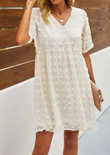 Miniatura 3 de KIRUNDO Vestido corto de manga corta de verano para mujer, vestido casual, suelto y con un cuello en V sexy, vestido holgado de punto suizo
