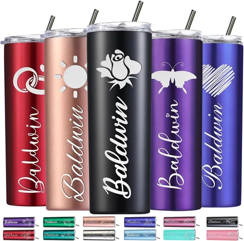 Miniatura 20 de Regalos personalizados para mujer, vaso personalizado grabado con flor de nacimiento de 20 onzas, vaso delgado con nombre personalizado con tapas