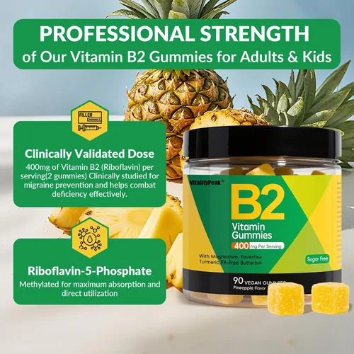 Miniatura 5 de Gomitas de vitamina B2 de riboflavina de 400 mg para adultos y niños Suplemento de migraña con magnesio, cúrcuma, pimienta de cayena, mantequilla