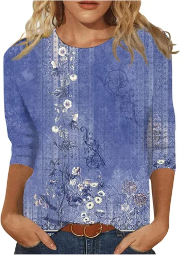 Miniatura 15 de Blouses for Women 2025 Three Quarter Sleeve Round Neck T Shirt Hawaiian Printing Trendy Fashion Beach Tops