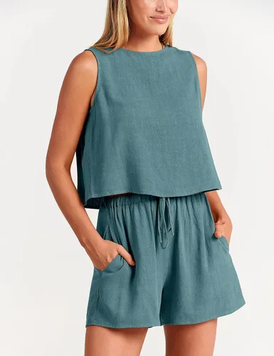 Miniatura 4 de GIVENUAN - Conjunto de 2 piezas de verano para mujer, conjunto de pantalones cortos de lino con cuello redondo, camiseta corta sin mangas