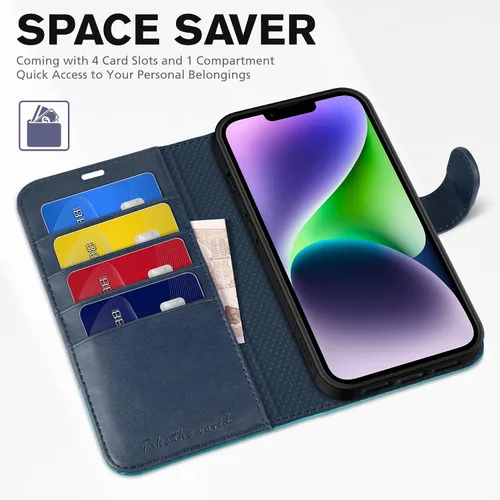 Miniatura 7 de TUCCH Funda tipo billetera para iPhone 14, [Bloqueo RFID] [4 ranuras para tarjetas] Funda protectora interior de TPU, funda abatible magnética