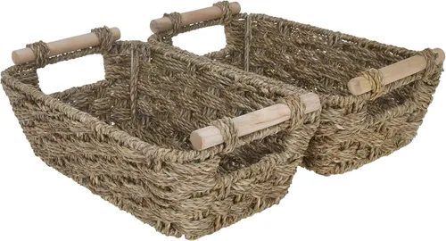 GRANNY SAYS Cestas de almacenamiento medianas tejidas a mano con asas de madera, cestas de mimbre de hierba marina para organizar, cestas