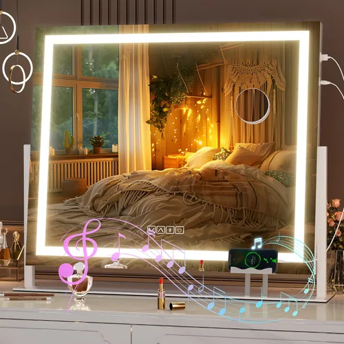 Miniatura 11 de Hasipu Espejo de tocador con luces y altavoz Bluetooth, espejo LED de maquillaje de 23.6 x 19.7 pulgadas, espejo iluminado con aumento de 10X