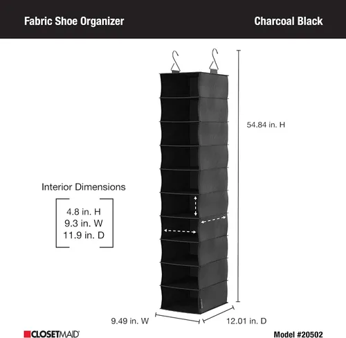 Miniatura 6 de ClosetMaid 20502 Organizador de armario colgante de tela de 10 estantes para zapatos, sombreros, bolsos, ropa con acabado negro carbón