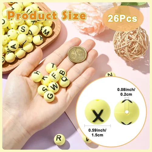 Miniatura 2 de 26 cuentas de silicona con letras de 0.59 pulgadas para hacer llaveros, cuentas focales redondas de silicona A-Z para bolígrafos, pulseras, collares