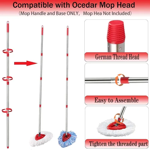 Miniatura 4 de Mango de repuesto para trapeador giratorio, barra de repuesto de trapeador de 4 secciones de 30 a 58 pulgadas y base compatible con mango