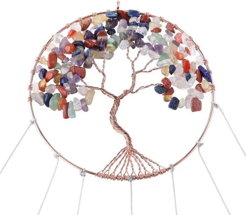 Miniatura 3 de Yoption Campanilla de viento conmemorativa con diseño de árbol de la vida, 7 chakras de cristal natural para decoración del hogar, jardín, 15.7-17.7