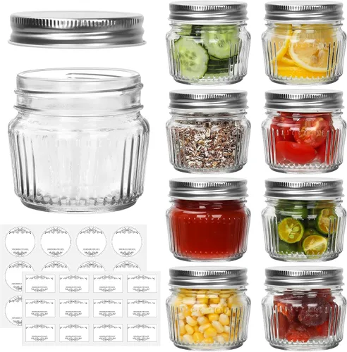 Miniatura 12 de Frascos de vidrio Mason de boca regular, tarros Mason mini de 4 oz, paquete de 8 frascos de vidrio transparente con tapas de plástico coloridas