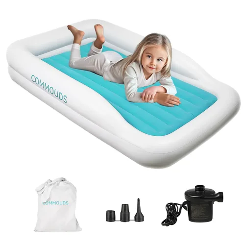 Miniatura 9 de COMMOUDS Cama de viaje portátil para niños pequeños con protectores de seguridad, colchón de aire inflable para niños con bomba eléctrica, colchón