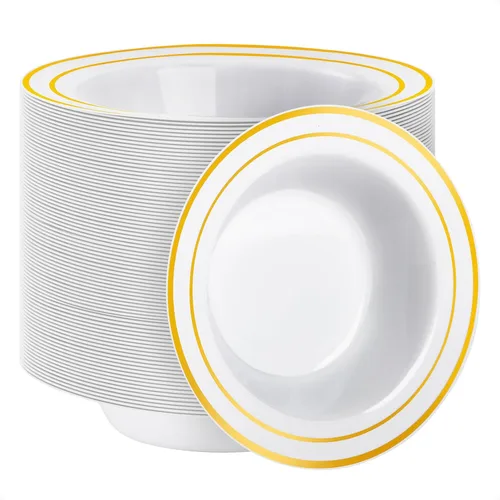 Miniatura 15 de Goodluck Paquete de 50 cuencos de plástico con borde rojo, cuencos de sopa desechables de 12 onzas, cuencos de postre resistentes para bodas