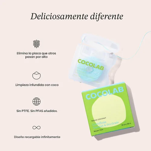 Miniatura 3 de Cocolab Hilo dental tejido, cuidado bucal diseñado por dentistas, aroma a coco, encerado, expandible, vegano, hilo dental amigable para niños