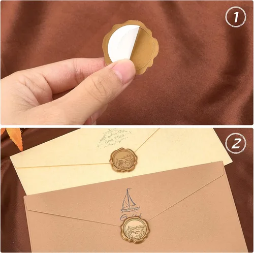 Miniatura 4 de CRASPIRE 60 calcomanías adhesivas de cera para sellar – Sello de montaña autoadhesivo dorado vintage calcomanías para sobres para tarjetas