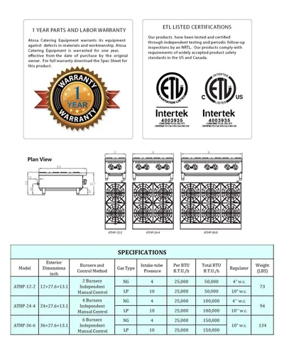 Miniatura 6 de CookRite ATHP-36-6 - Placa caliente comercial para encimera de seis quemadores de propano líquido de 36 pulgadas - 150,000 BTU