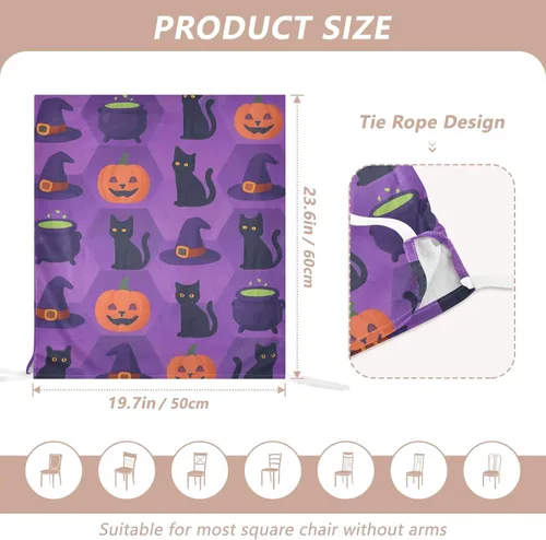 Miniatura 2 de Seat Covers for Dining Room Chairs for Family Gatherings (Scenario) Set of 2 Washable Dining Chair Cover Halloween Pattern Black Cats Pumpkin Purple