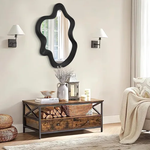 Miniatura 5 de Espejo asimétrico para decoración de pared, grande, moderno, ondulado, con marco de madera, espejo de pared con forma única montado en pared