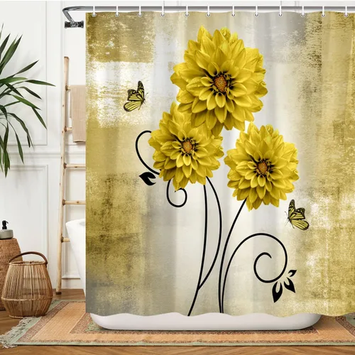 Miniatura 2 de Cortina de ducha con diseño floral, flores de dalia amarillas y mariposas, cortinas de ducha para baño, juego de cortina de ducha rústica