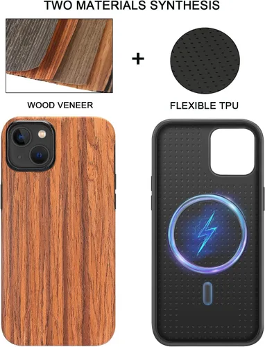 Miniatura 2 de TENDLIN Funda magnética para iPhone 13 Pro - Funda híbrida de TPU de cuero de grano de madera con compatibilidad MagSafe
