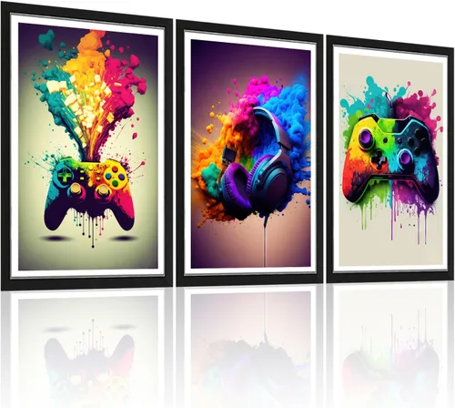 Miniatura 8 de Framed 3 Piece Game Room Decorative Wall Art Color Video Game Handle Earphone Graffiti Theme Poster Neon Light Poster Print Picture Children Youth