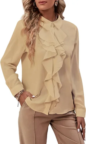 Miniatura 7 de LYANER - Blusa de manga larga con cuello de botón y volantes en la parte delantera para mujer
