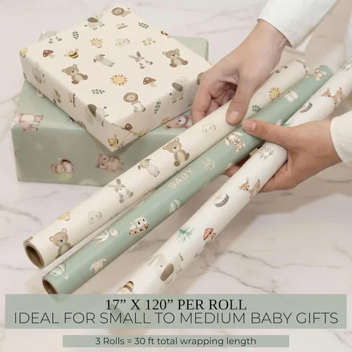 Miniatura 2 de ZICOTO Hermoso rollo de papel de regalo para baby shower, bonito juego de 3 rollos de calidad para cumpleaños y baby showers, añade un toque